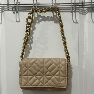 Zara Beige Quilted Shoulder Bag with Gold Chain Strap